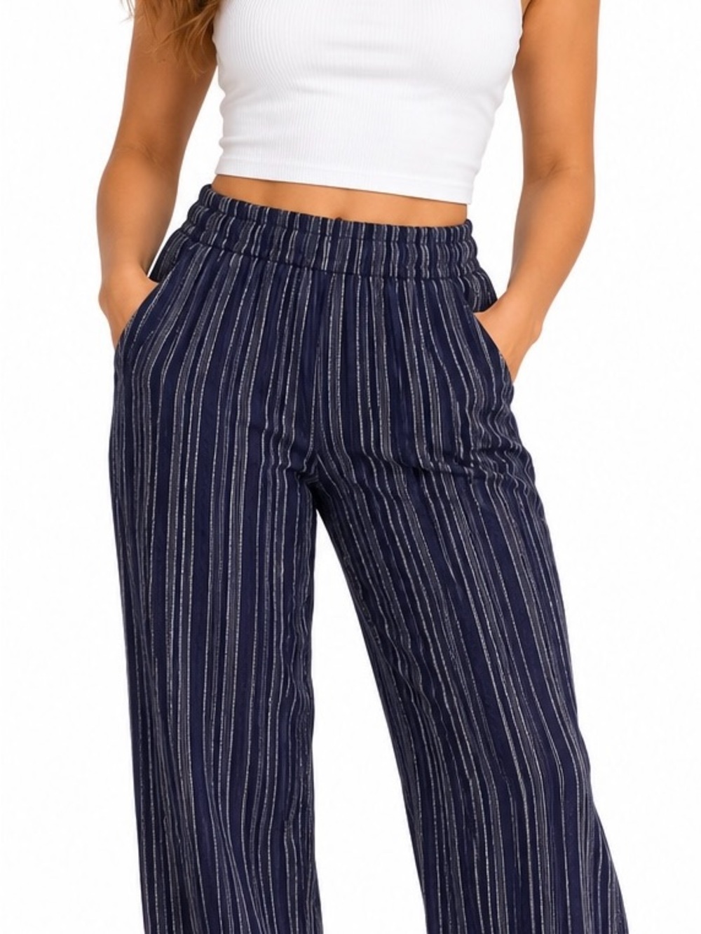 Vintage Blue Navy Pinstripe Pull On Elastic Waist Relaxed Pants